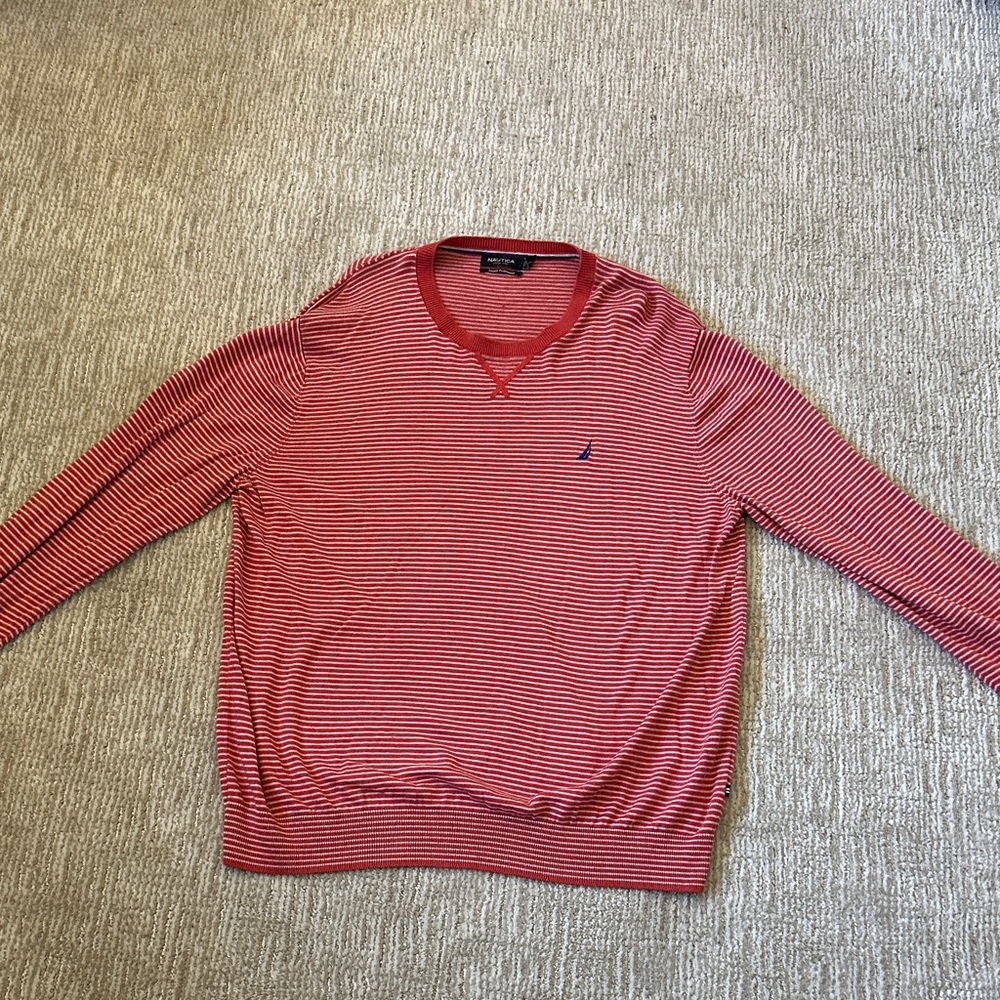 Nautica Red and White Crewneck Striped Sweater